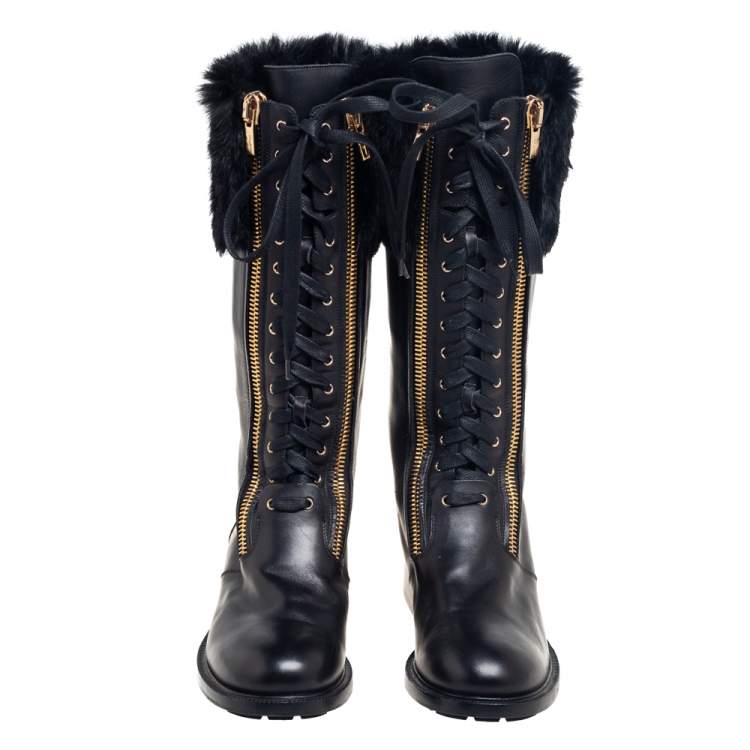 Pre Owned Salvatore Ferragamo Black Leather And Fur Trim Lapo Tall Combat Boots Size 39