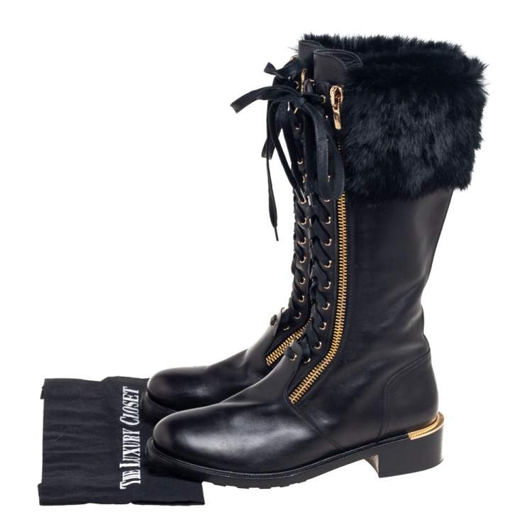 Pre Owned Salvatore Ferragamo Black Leather And Fur Trim Lapo Tall Combat Boots Size 39