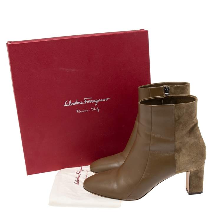 Pre Owned Salvatore Ferragamo Olive Green/Brown Suede and Leather Ankle Boots Size 39.5