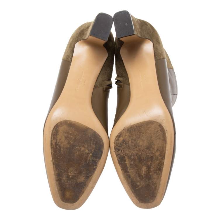 Pre Owned Salvatore Ferragamo Olive Green/Brown Suede and Leather Ankle Boots Size 39.5