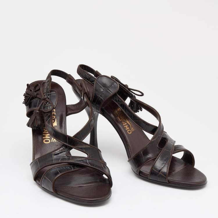 Pre Owned Salvatore Ferragamo Dark Brown Croc Embossed Leather Slingback Sandals Size 40
