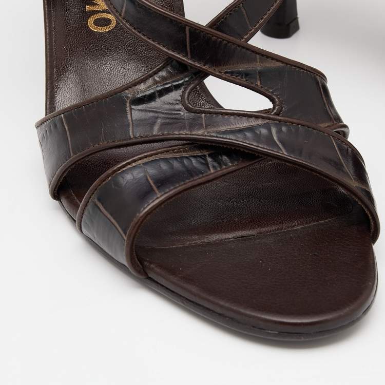 Pre Owned Salvatore Ferragamo Dark Brown Croc Embossed Leather Slingback Sandals Size 40