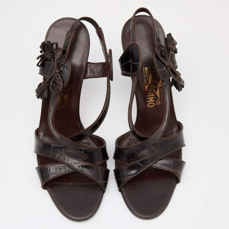 Pre Owned Salvatore Ferragamo Dark Brown Croc Embossed Leather Slingback Sandals Size 40