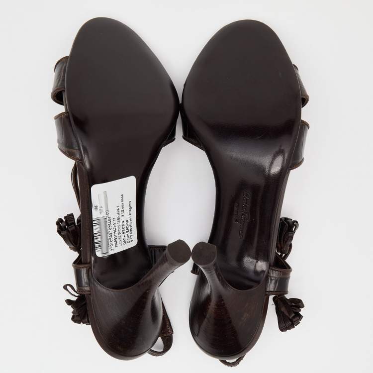 Pre Owned Salvatore Ferragamo Dark Brown Croc Embossed Leather Slingback Sandals Size 40