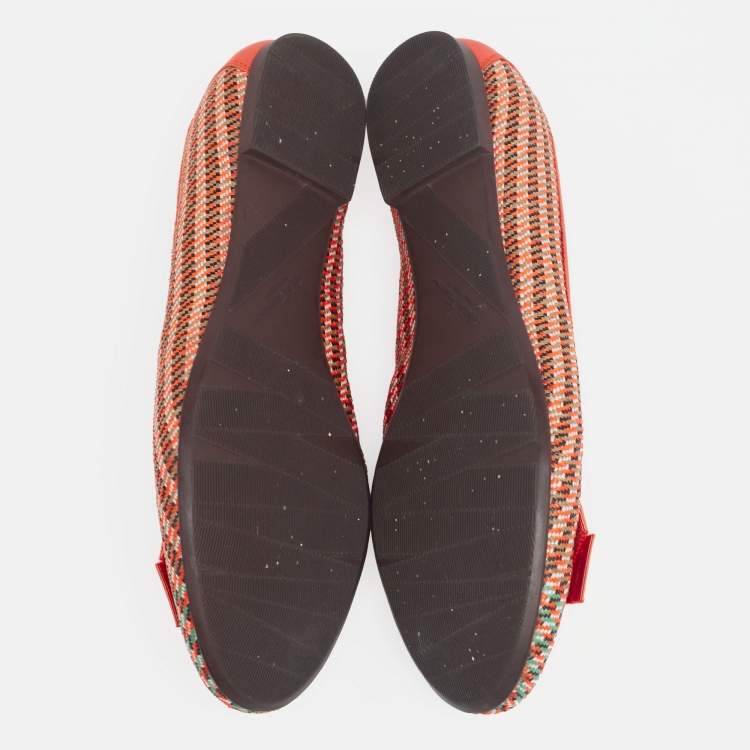 Pre Owned Salvatore Ferragamo Tri-Color Woven Straw and Leather Bow Ballet Flats Size 40.5