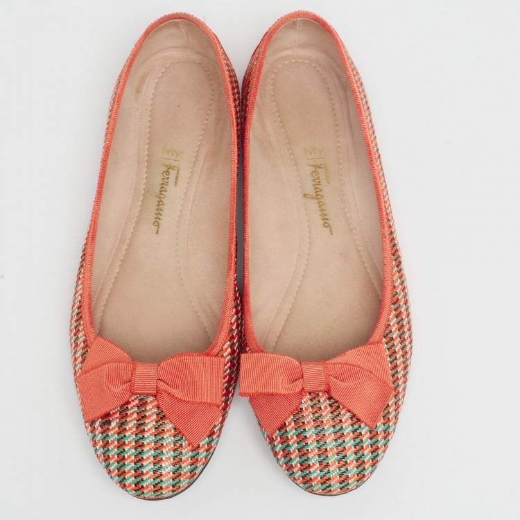 Pre Owned Salvatore Ferragamo Tri-Color Woven Straw and Leather Bow Ballet Flats Size 40.5