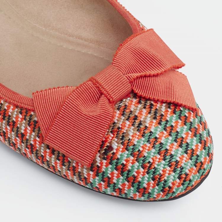Pre Owned Salvatore Ferragamo Tri-Color Woven Straw and Leather Bow Ballet Flats Size 40.5
