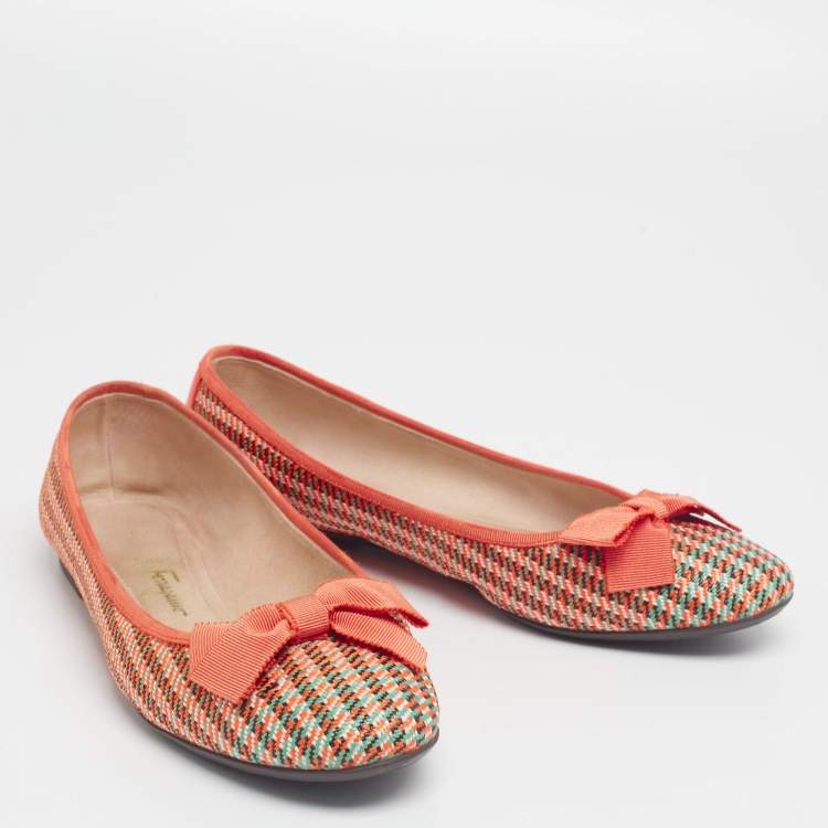 Pre Owned Salvatore Ferragamo Tri-Color Woven Straw and Leather Bow Ballet Flats Size 40.5