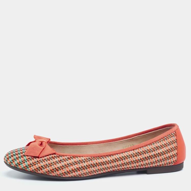 Pre Owned Salvatore Ferragamo Tri-Color Woven Straw and Leather Bow Ballet Flats Size 40.5