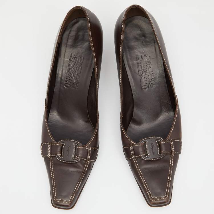 Pre Owned Salvatore Ferragamo Vintage Brown Leather Pointed Toe Pumps Size 40.5