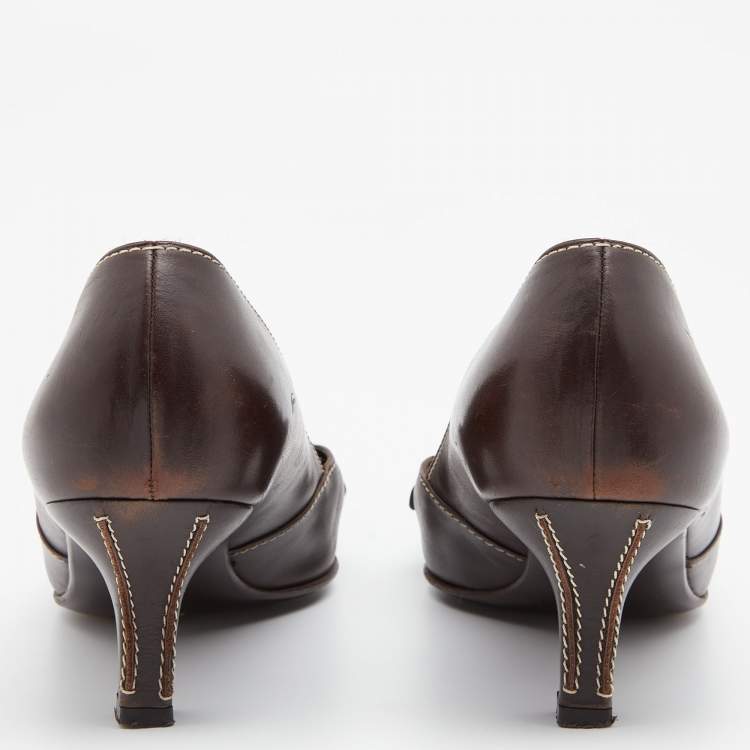 Pre Owned Salvatore Ferragamo Vintage Brown Leather Pointed Toe Pumps Size 40.5