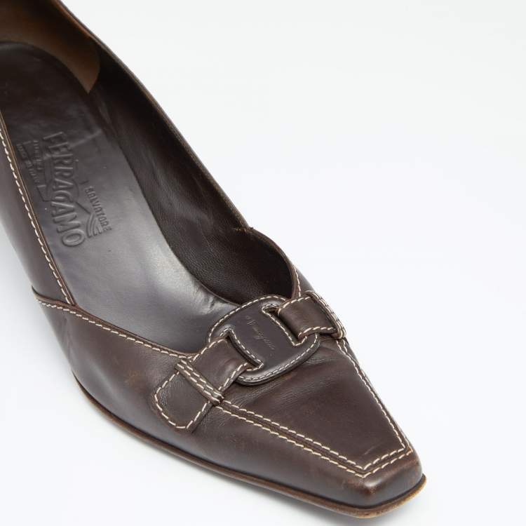 Pre Owned Salvatore Ferragamo Vintage Brown Leather Pointed Toe Pumps Size 40.5