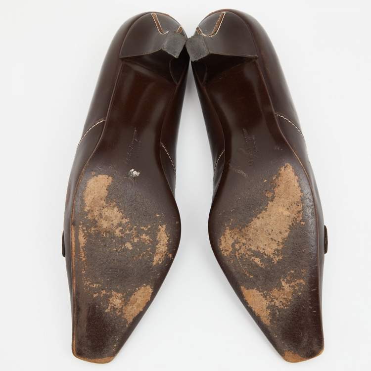 Pre Owned Salvatore Ferragamo Vintage Brown Leather Pointed Toe Pumps Size 40.5