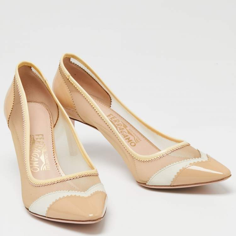 Pre Owned Salvatore Ferragamo Beige Patent And Net Pointed Toe Pumps Size 38