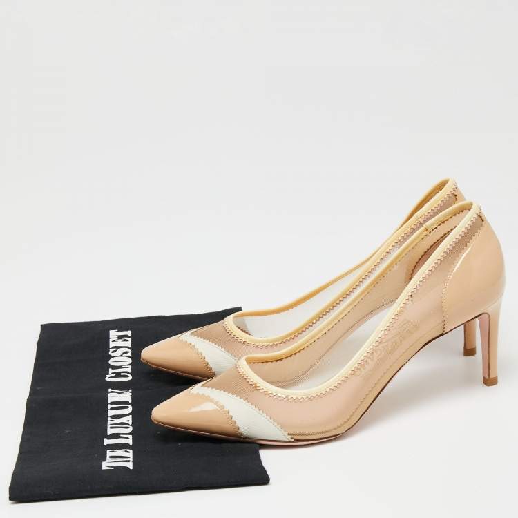 Pre Owned Salvatore Ferragamo Beige Patent And Net Pointed Toe Pumps Size 38