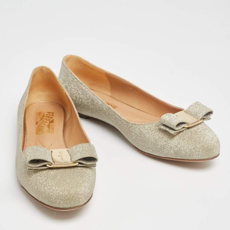 Pre Owned Salvatore Farragamo Silver Glitter Leather Varina Ballet Flats Size 37
