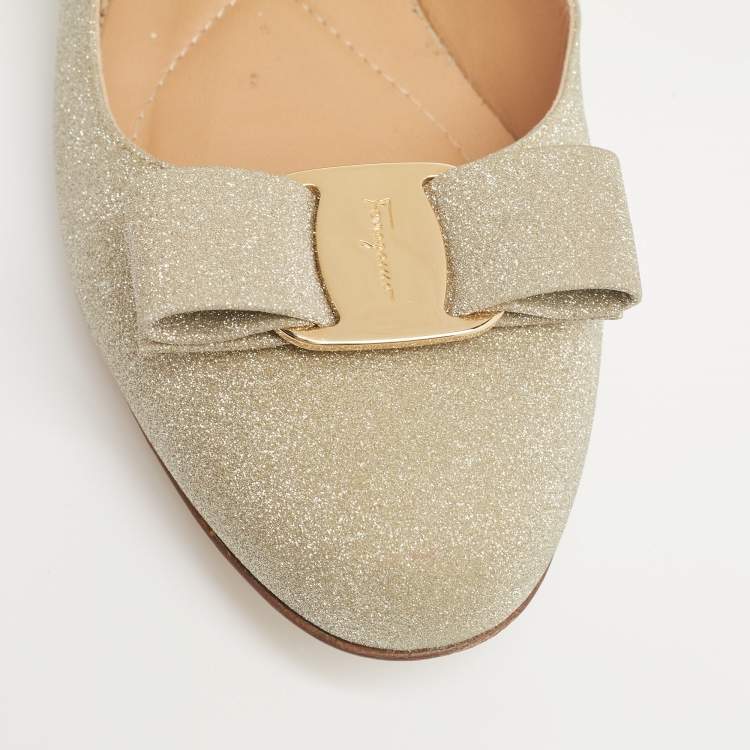 Pre Owned Salvatore Farragamo Silver Glitter Leather Varina Ballet Flats Size 37