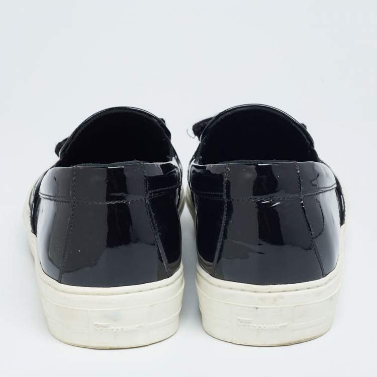 Pre Owned Salvatore Ferragamo Black Patent Leather Bow Slip-On Sneakers Size 39.5