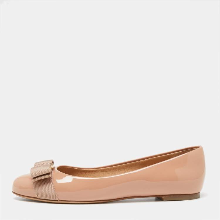 Pre Owned Salvatore Ferragamo Pink Patent Leather Vara Bow Ballet Flats Size 35.5 
