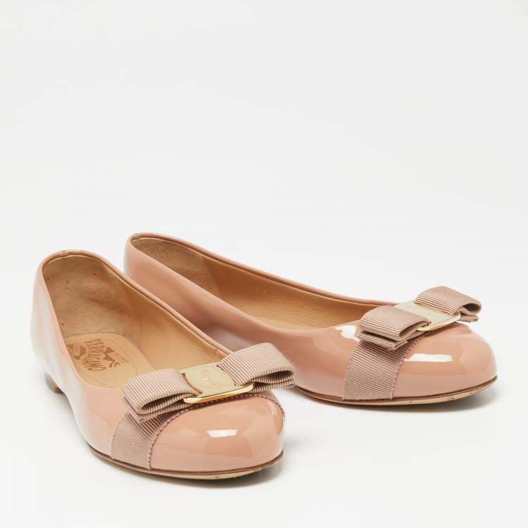Pre Owned Salvatore Ferragamo Pink Patent Leather Vara Bow Ballet Flats Size 35.5 