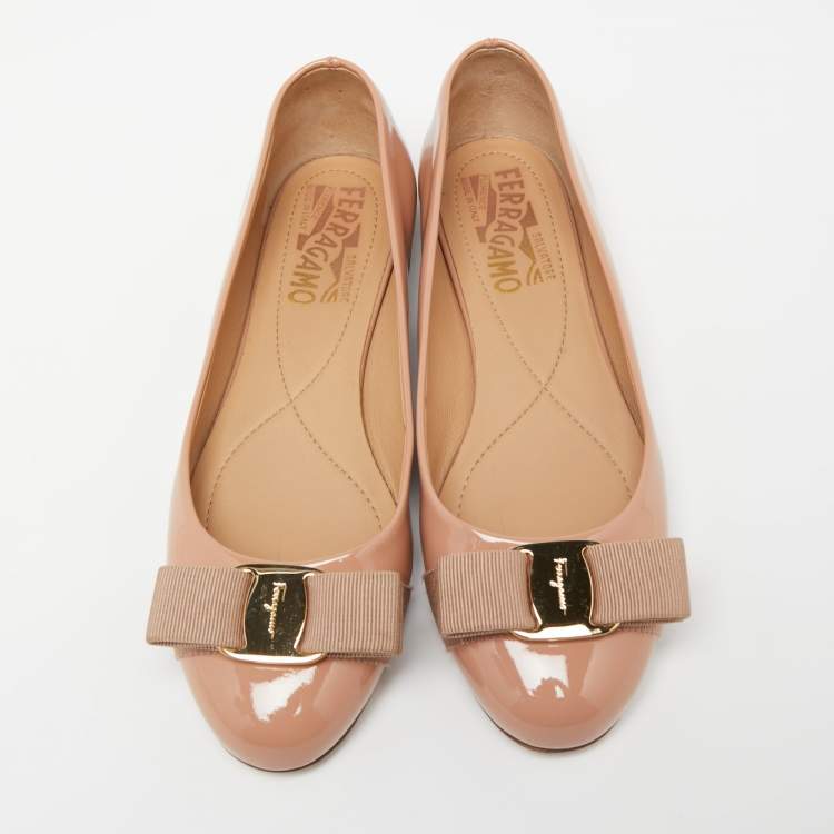 Pre Owned Salvatore Ferragamo Pink Patent Leather Vara Bow Ballet Flats Size 35.5 