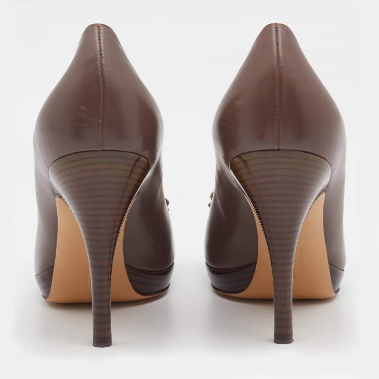 Pre Owned Salvatore Ferragamo Dark Beige Leather Vara Bow Pumps Size 38