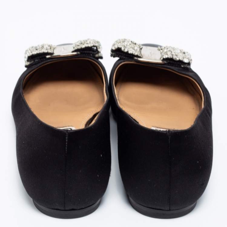 Pre Owned Salvatore Ferragamo Black Leather And Satin Crystal Embellished Bow Ballet Flats Size 38