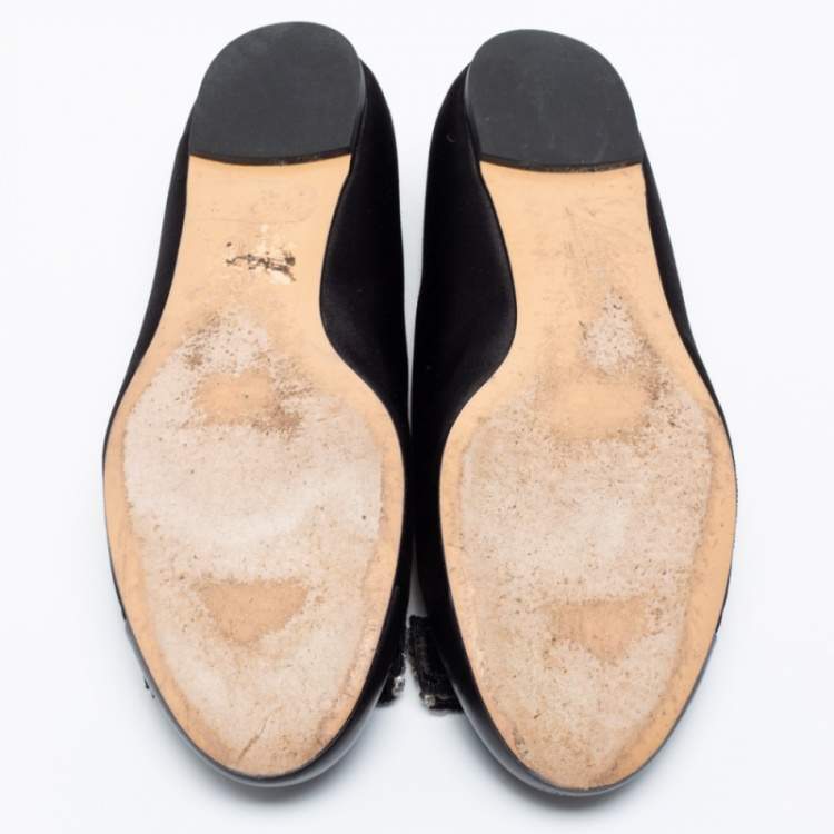 Pre Owned Salvatore Ferragamo Black Leather And Satin Crystal Embellished Bow Ballet Flats Size 38