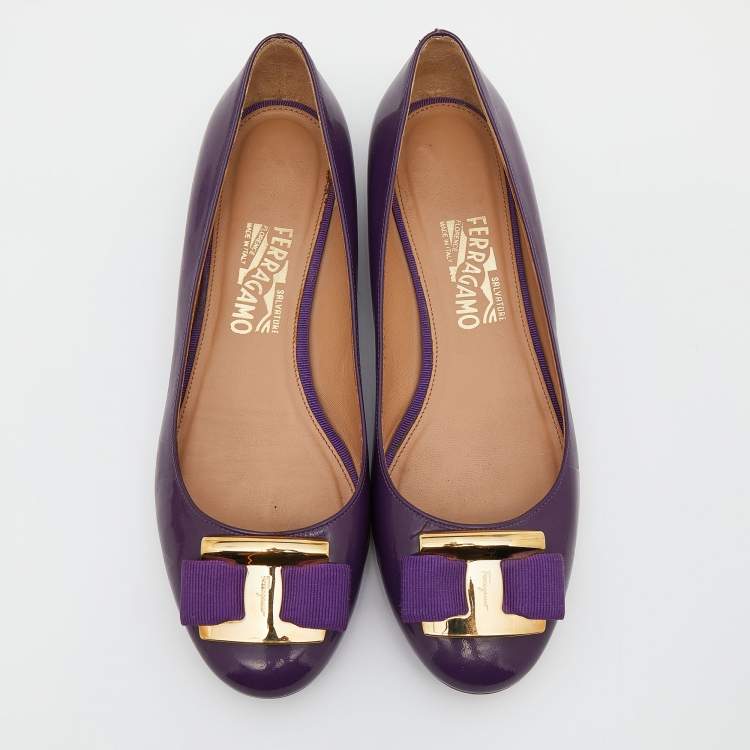 Pre Owned Salvatore Ferragamo Purple Patent Leather Vara Bow Ballet Flats Size 39