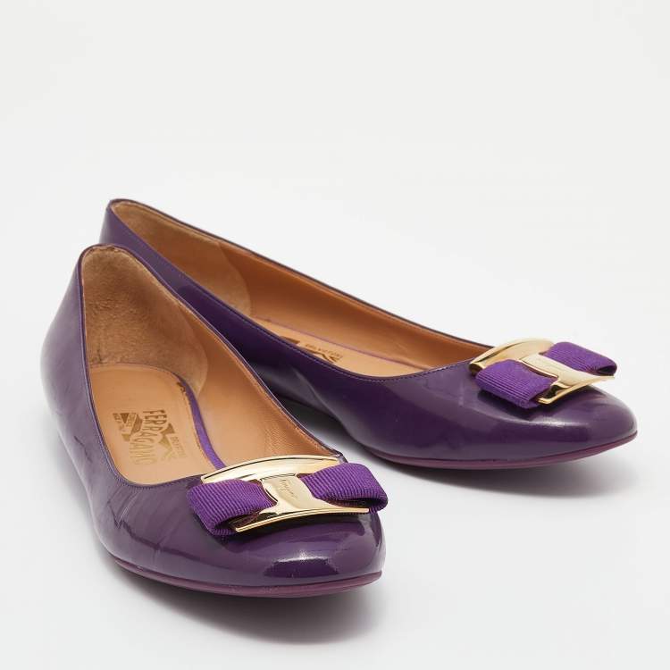 Pre Owned Salvatore Ferragamo Purple Patent Leather Vara Bow Ballet Flats Size 39