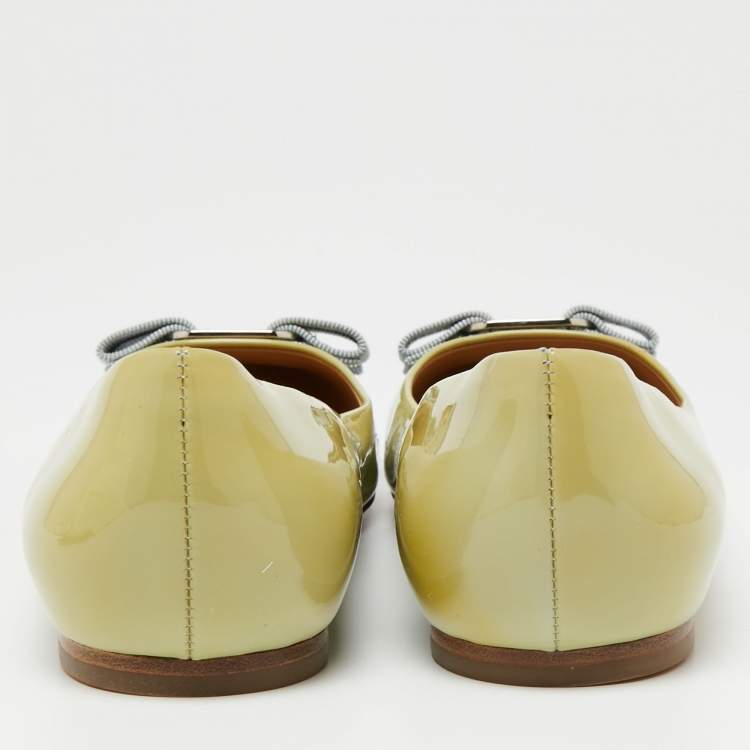 Pre Owned Salvatore Ferragamo Green Patent Leather Bow Varina Ballet Flats Size 38