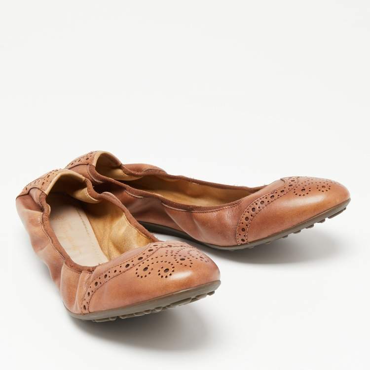 Pre Owned Salvatore Ferragamo Brown Brogue Leather Scrunch Ballet Flats Size 40.5