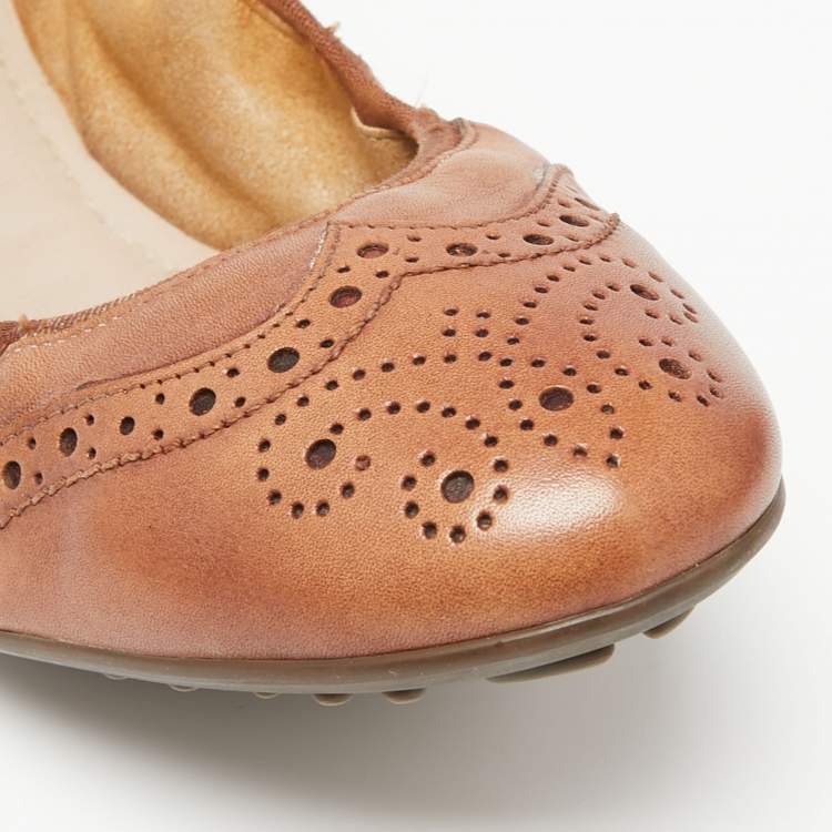 Pre Owned Salvatore Ferragamo Brown Brogue Leather Scrunch Ballet Flats Size 40.5