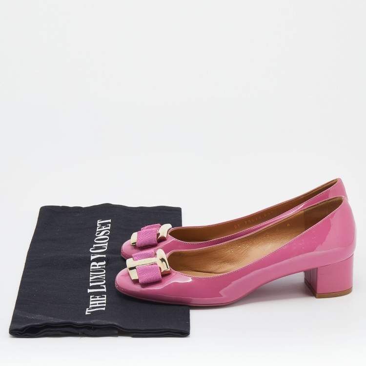 Pre Owned Salvatore Ferragamo Pink Patent Leather Block Heel Pumps Size 36.5