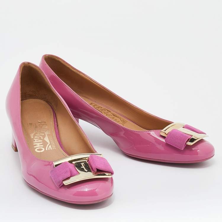 Pre Owned Salvatore Ferragamo Pink Patent Leather Block Heel Pumps Size 36.5
