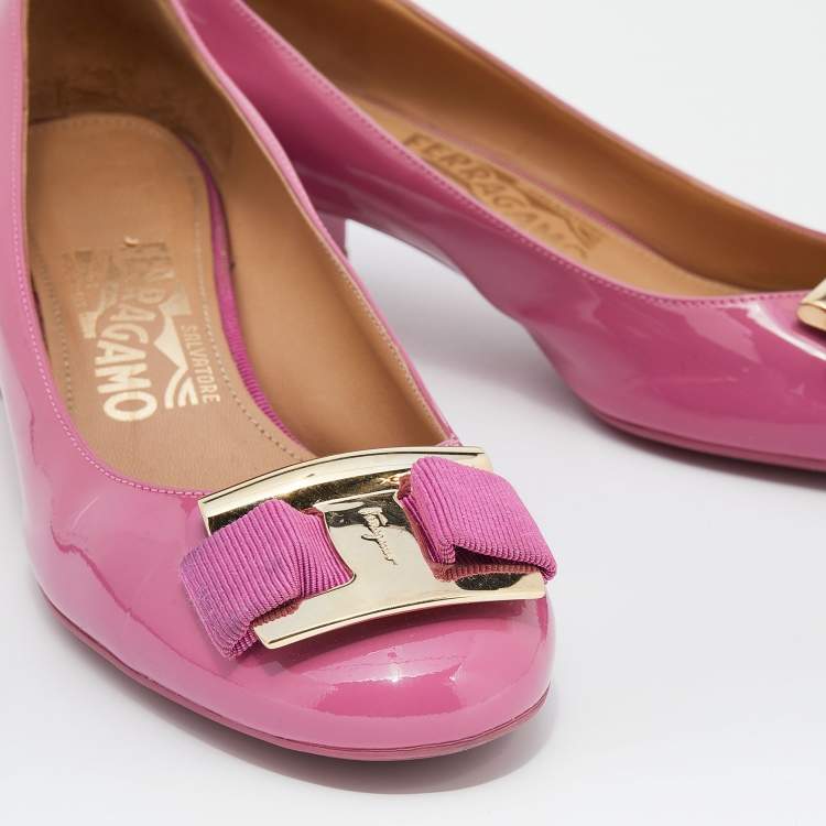 Pre Owned Salvatore Ferragamo Pink Patent Leather Block Heel Pumps Size 36.5