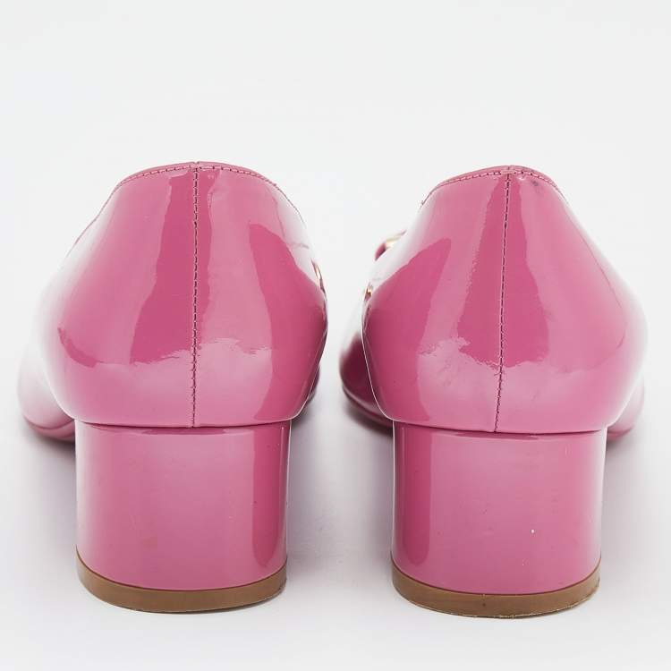 Pre Owned Salvatore Ferragamo Pink Patent Leather Block Heel Pumps Size 36.5