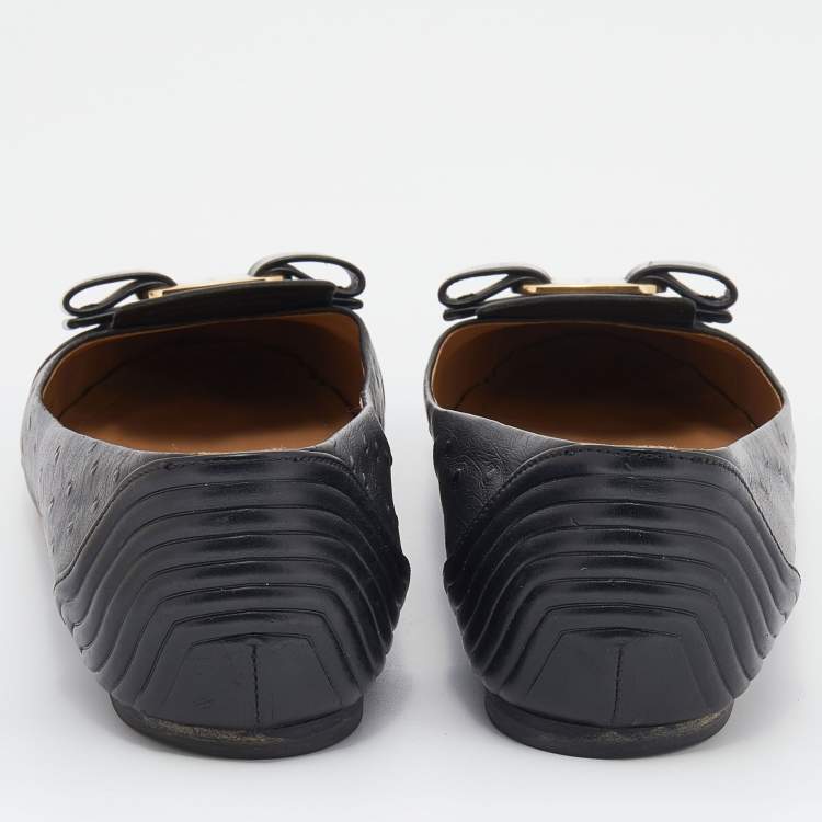 Pre Owned Salvatore Ferragamo Black Ostrich Embossed Leather Vara Bow Ballet Flats Size 37