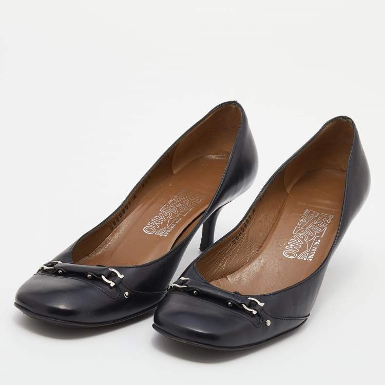 Pre Owned Salvatore Ferragamo Black Leather Square Toe Pumps Size 40