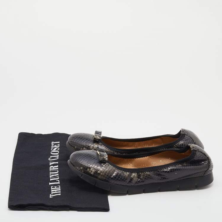 Pre Owned Salvatore Ferragamo Brown Python Embossed Leather Vara Bow Scrunch Ballet Flats Size 39.5