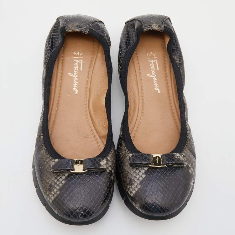 Pre Owned Salvatore Ferragamo Brown Python Embossed Leather Vara Bow Scrunch Ballet Flats Size 39.5