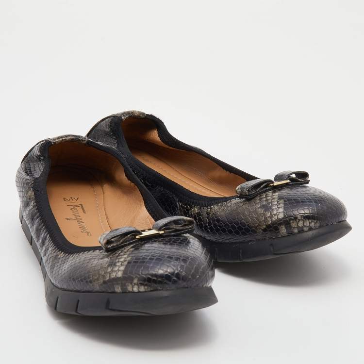 Pre Owned Salvatore Ferragamo Brown Python Embossed Leather Vara Bow Scrunch Ballet Flats Size 39.5