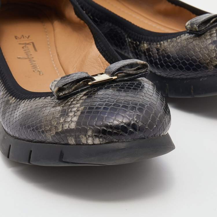 Pre Owned Salvatore Ferragamo Brown Python Embossed Leather Vara Bow Scrunch Ballet Flats Size 39.5