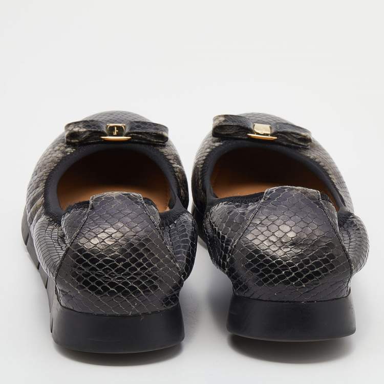 Pre Owned Salvatore Ferragamo Brown Python Embossed Leather Vara Bow Scrunch Ballet Flats Size 39.5