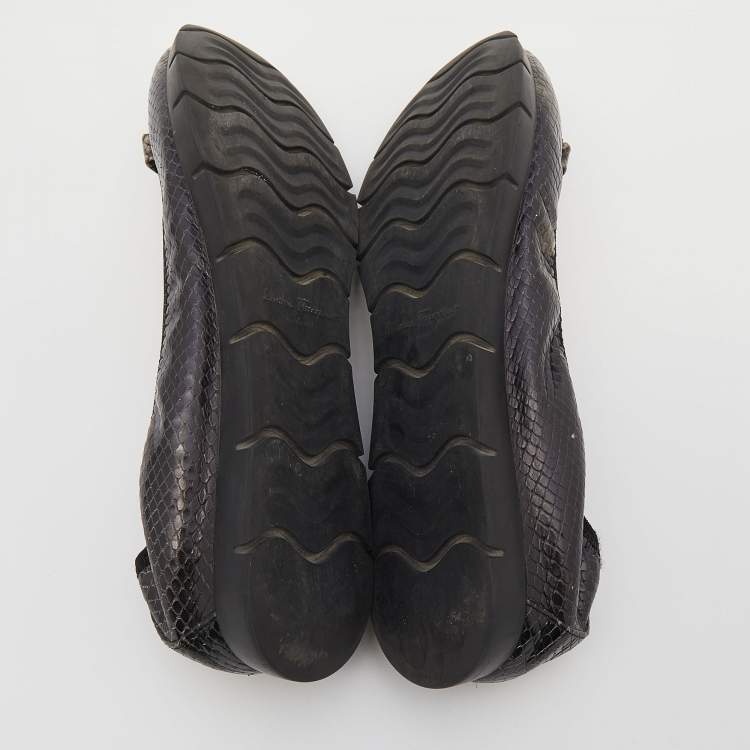 Pre Owned Salvatore Ferragamo Brown Python Embossed Leather Vara Bow Scrunch Ballet Flats Size 39.5