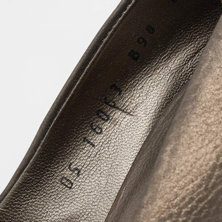 Pre Owned Salvatore Ferragamo Metallic Grey Leather Pola Vara Bow Peep Toe Platform  Pumps Size 38.5