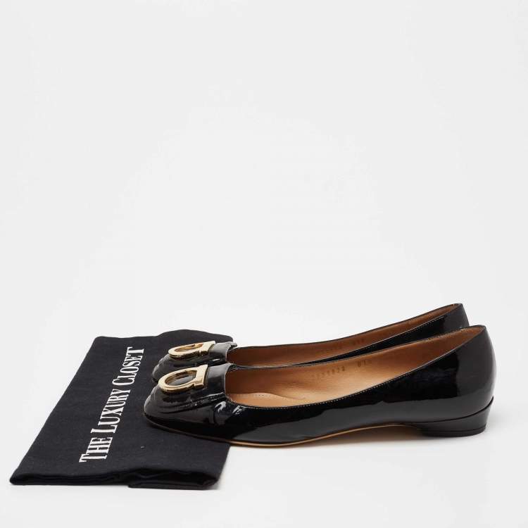 Pre Owned Salvatore Ferragamo Black Patent Leather Rebi Gancio Ballet Flats Size 38