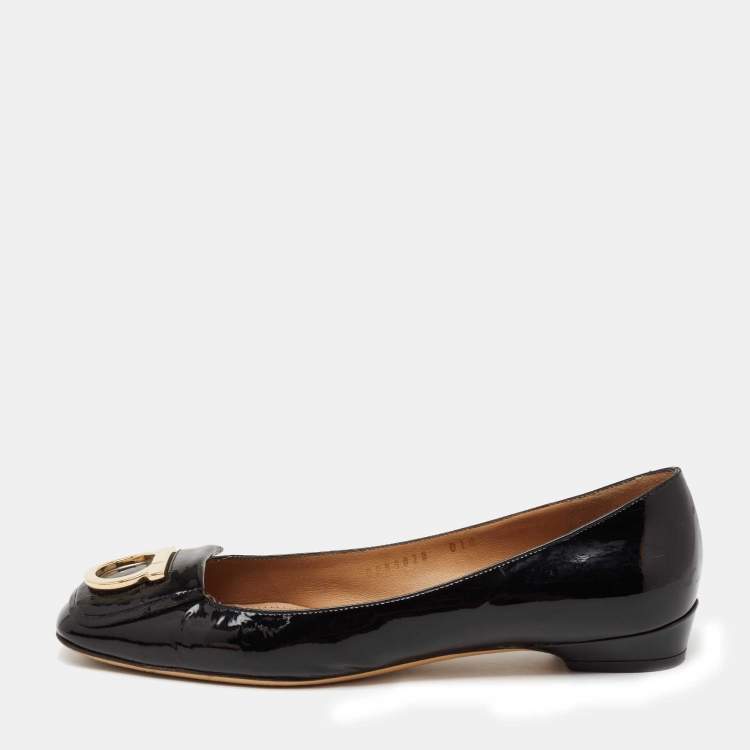 Pre Owned Salvatore Ferragamo Black Patent Leather Rebi Gancio Ballet Flats Size 38
