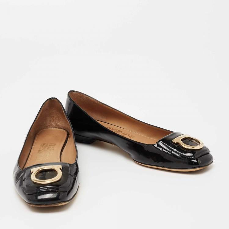 Pre Owned Salvatore Ferragamo Black Patent Leather Rebi Gancio Ballet Flats Size 38