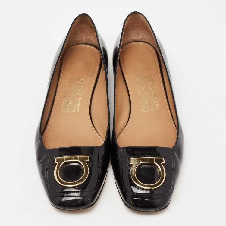Pre Owned Salvatore Ferragamo Black Patent Leather Rebi Gancio Ballet Flats Size 38